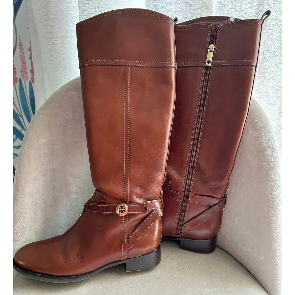 Tory Burch Brita Brown Leather Riding Boots 22138519, Side Zip, Size 6.5M
